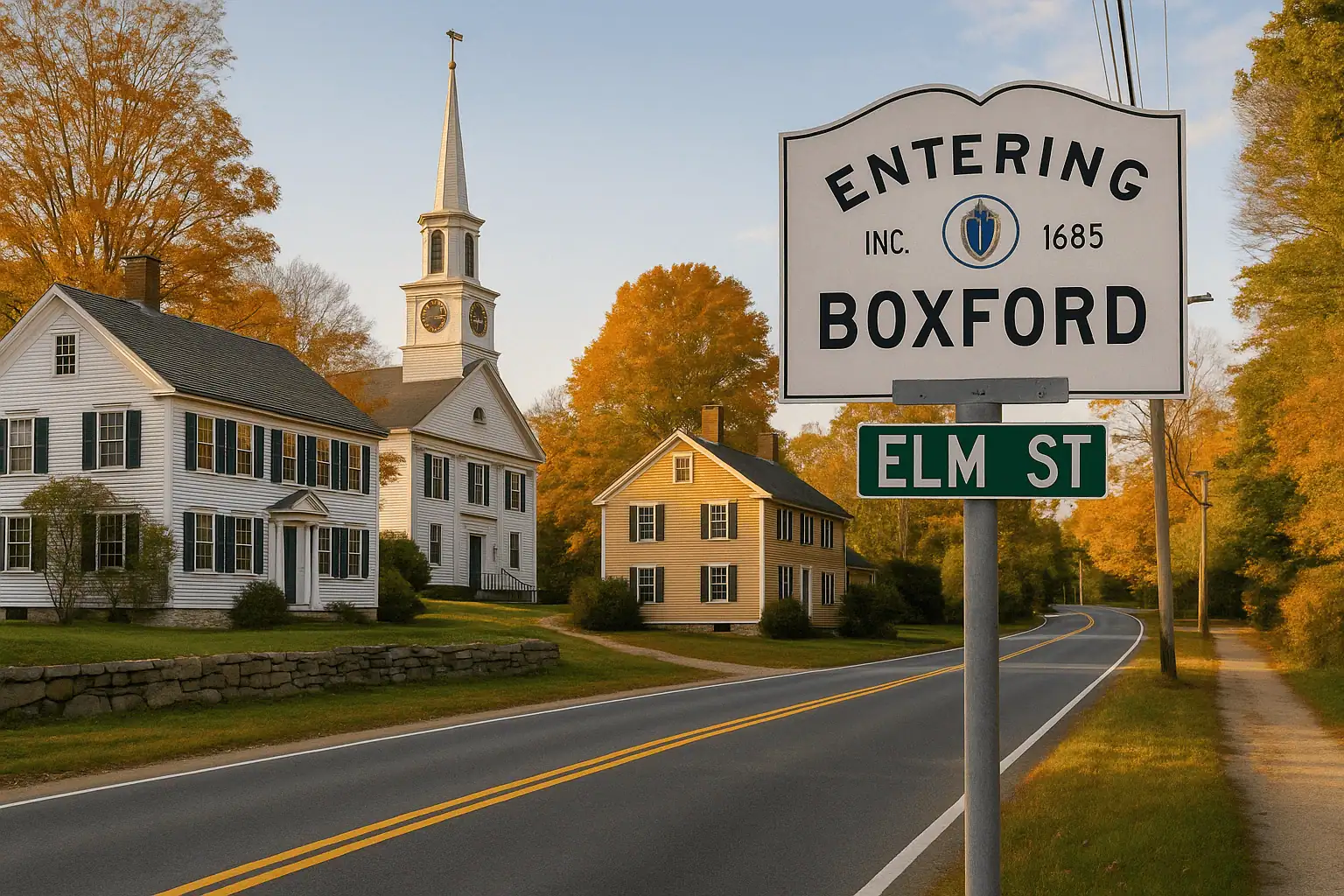 Rural street and wooded landscape in Boxford, MA near Trash Titans Junk Removal service area