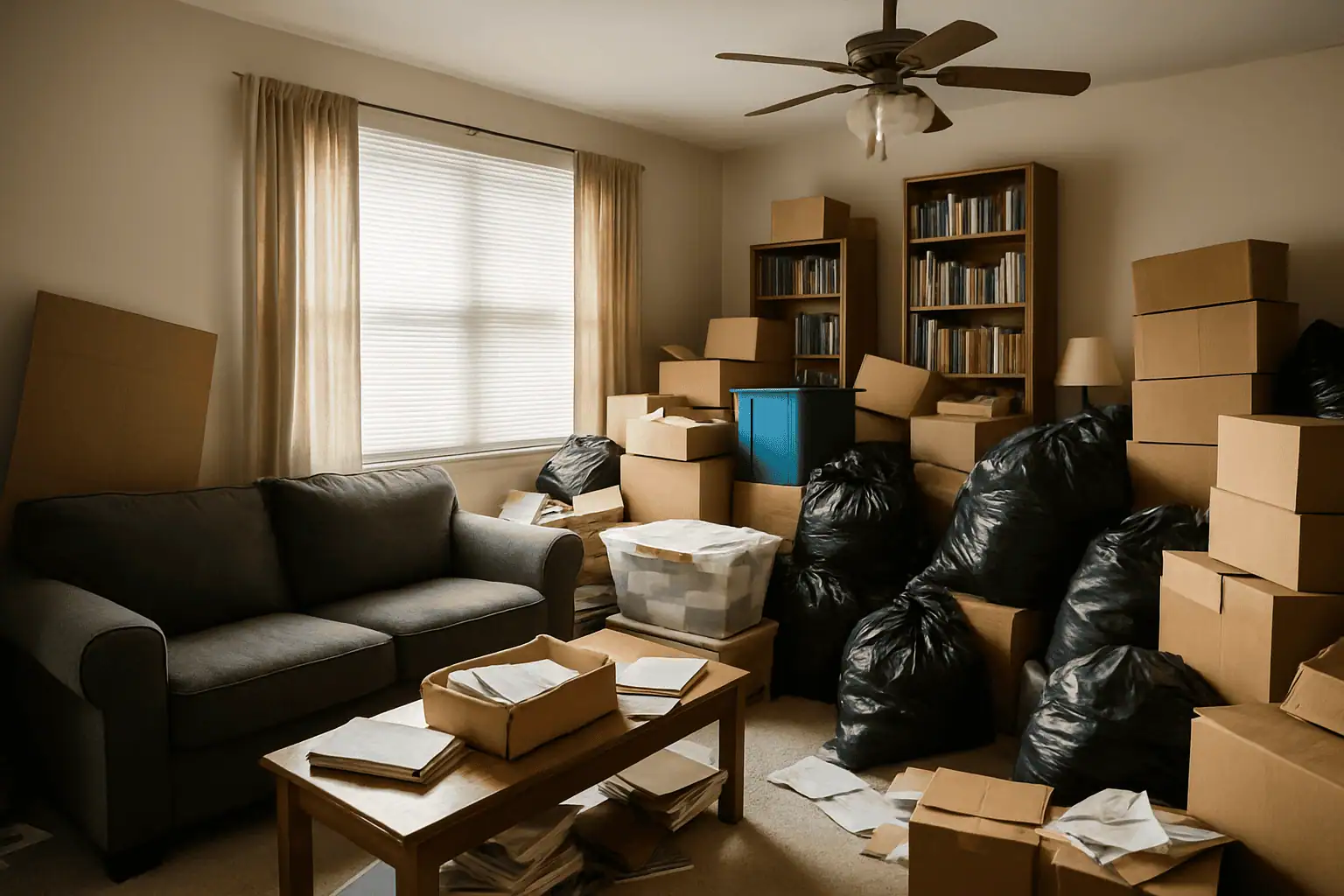 Cluttered living room with boxes, bags, and miscellaneous household items, representing a hoarder cleanout scenario