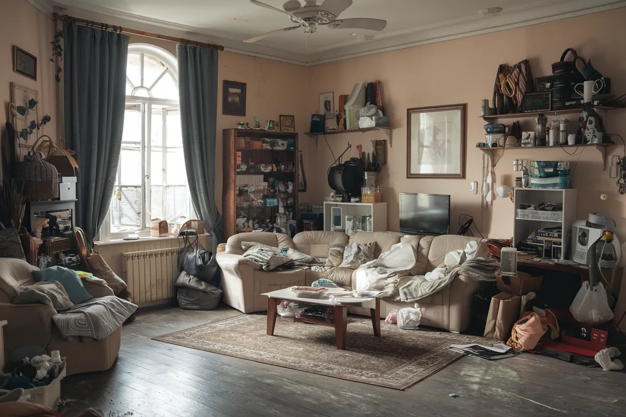 Apartment after tenant eviction filled with furniture and junk before cleanout by Trash Titans