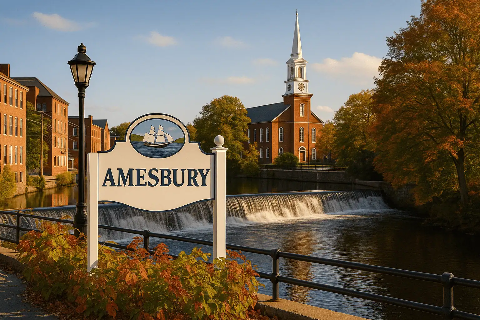 Downtown Amesbury MA with historic red-brick buildings, waterfall, and Trash Titans junk removal service area