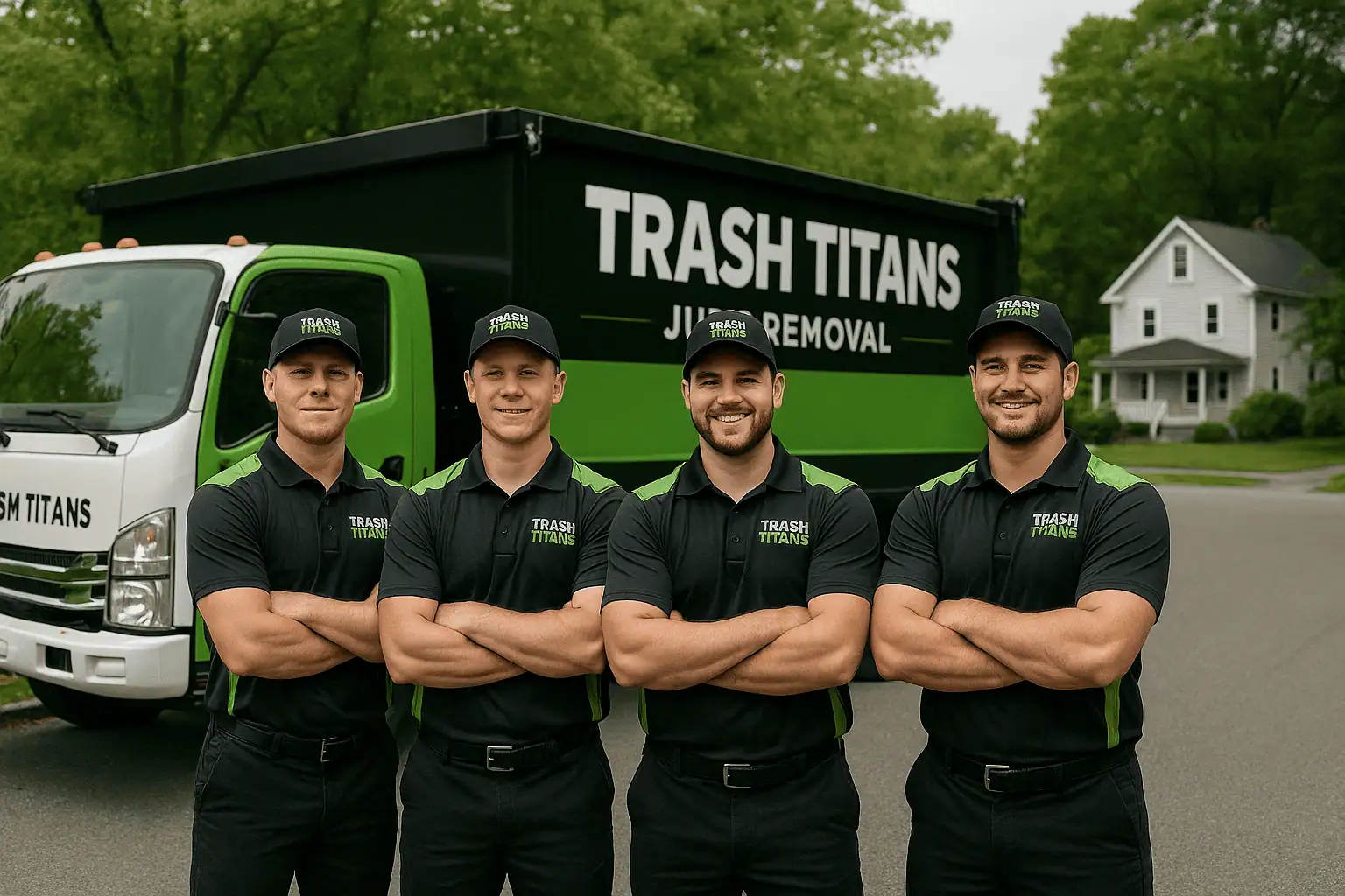 Trash Titans Junk Removal team standing in front of branded green truck serving Danvers and the North Shore of Massachusetts