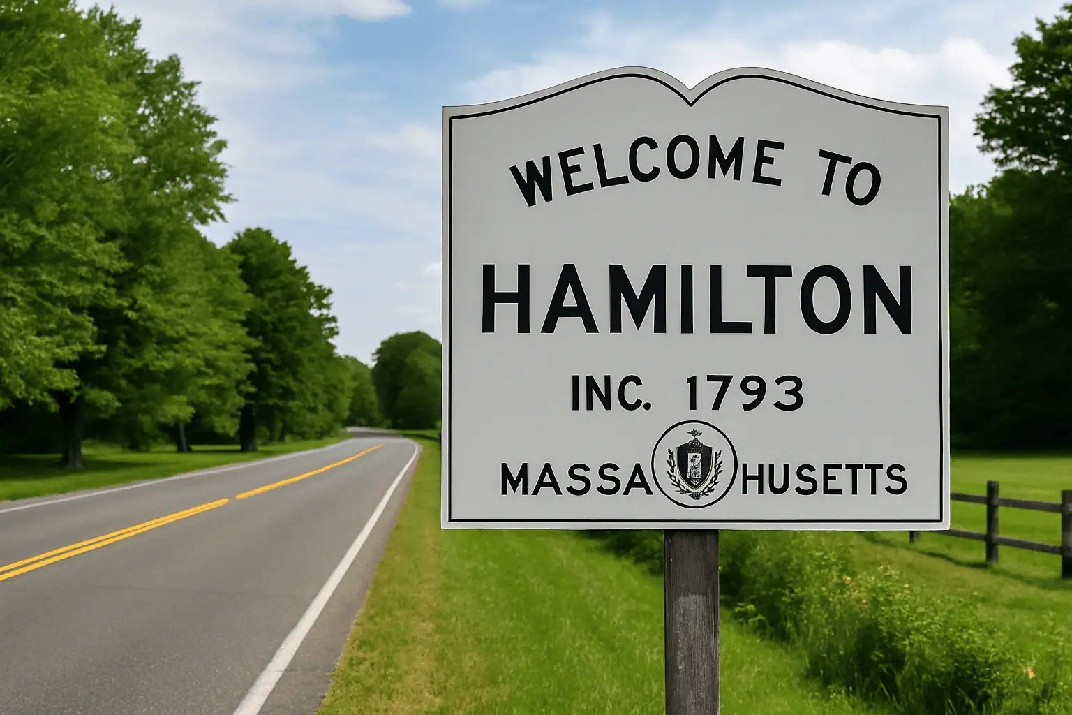 Welcome to Hamilton, Massachusetts sign along a rural New England road with trees, grass, and open sky