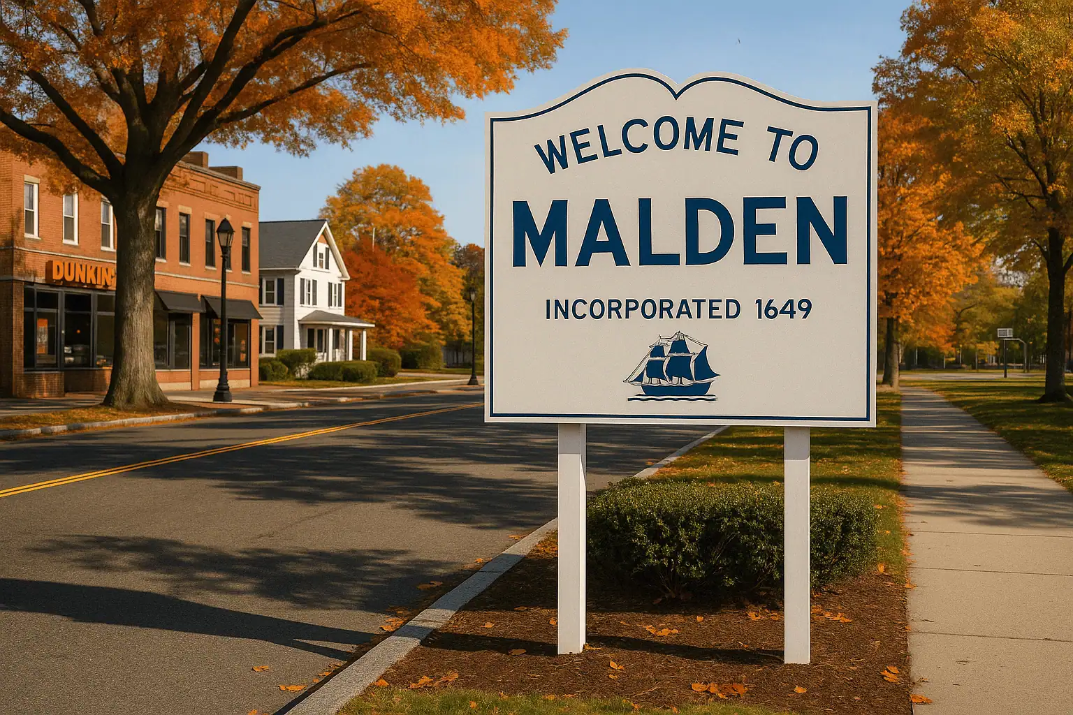 “Welcome to Malden” sign in Massachusetts with fall foliage, Dunkin’, and a white colonial home in the background — near Trash Titans Junk Removal’s service area