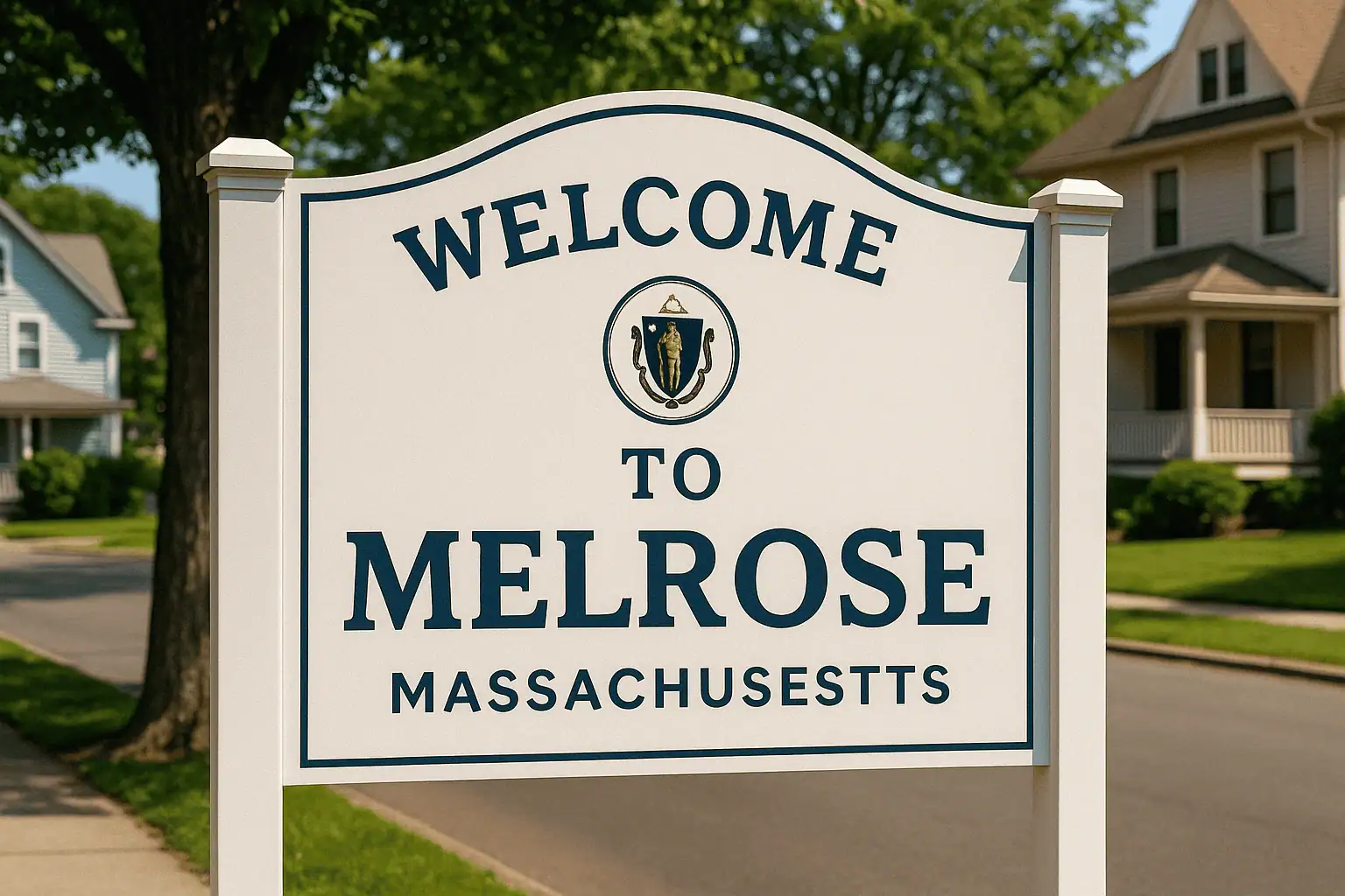 Welcome to Melrose, Massachusetts sign on a sunny suburban street with homes and trees in the background