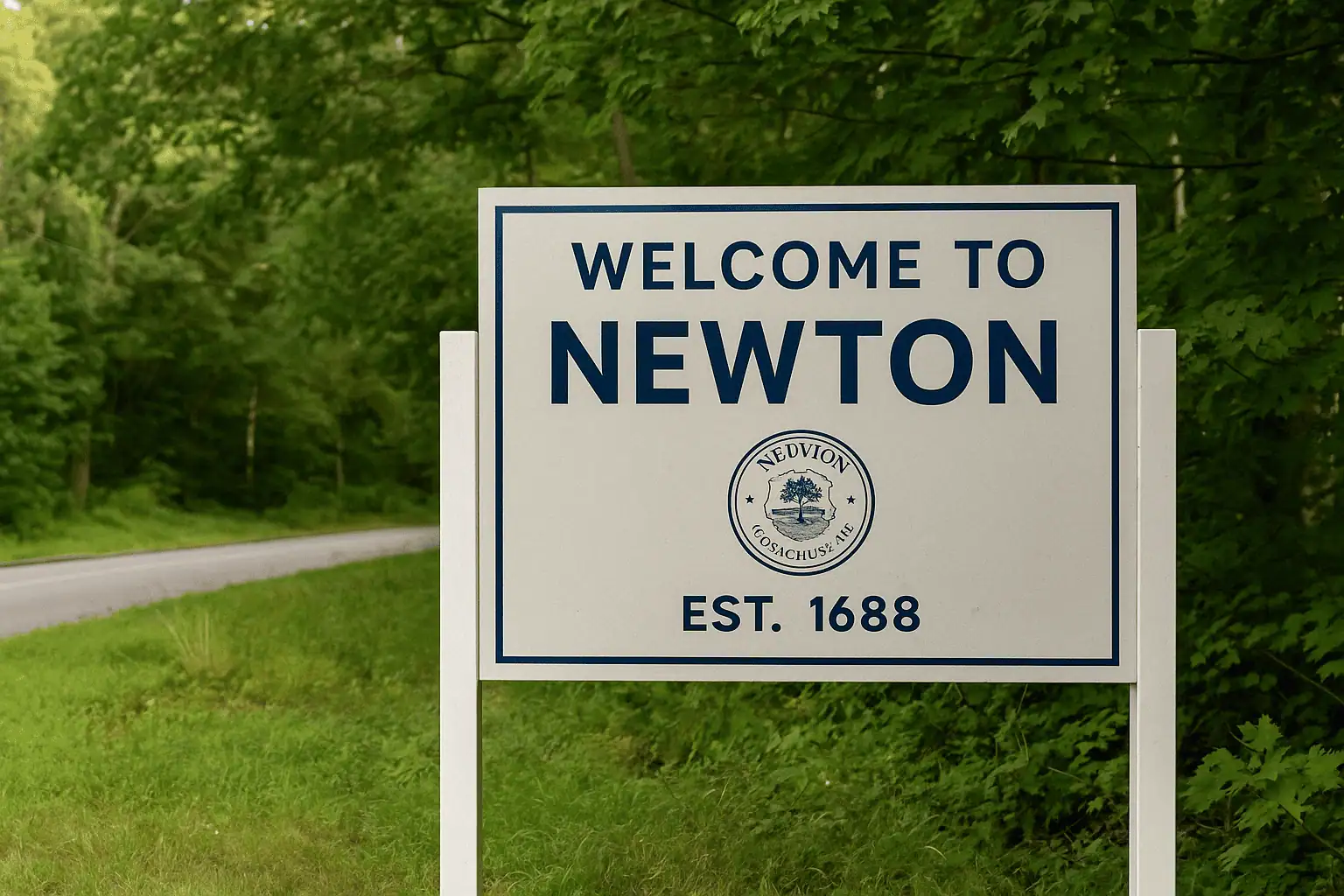 Welcome to Newton, Massachusetts sign with trees and greenery in the background