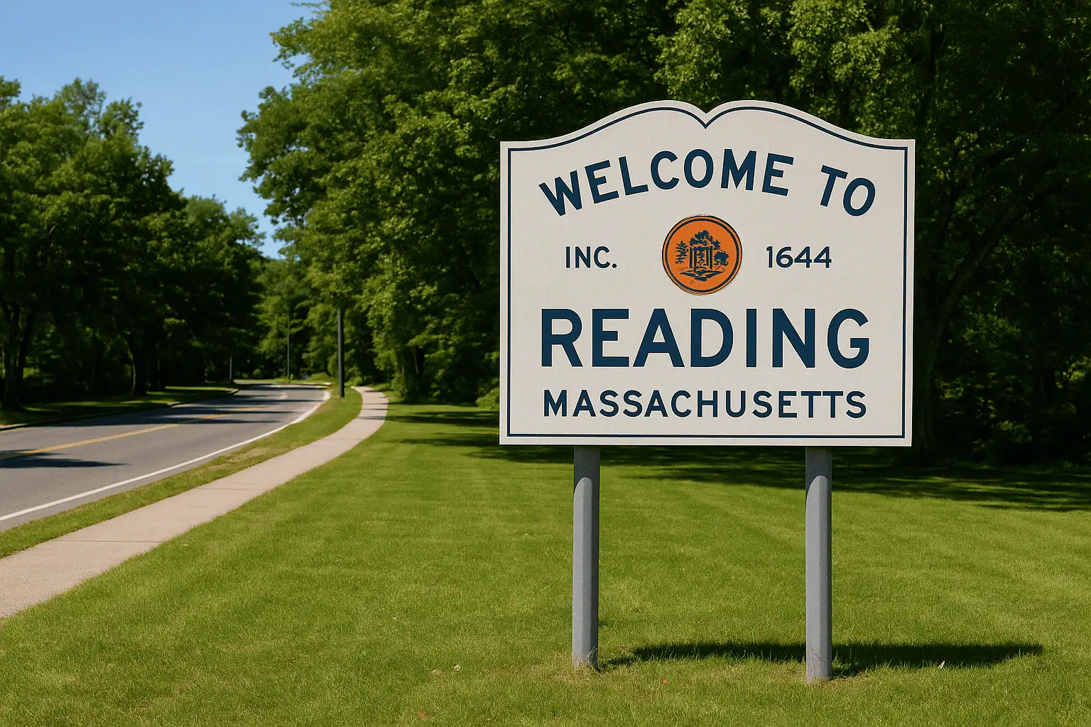 Welcome to Reading, Massachusetts sign with trees, sidewalk, and road in the background