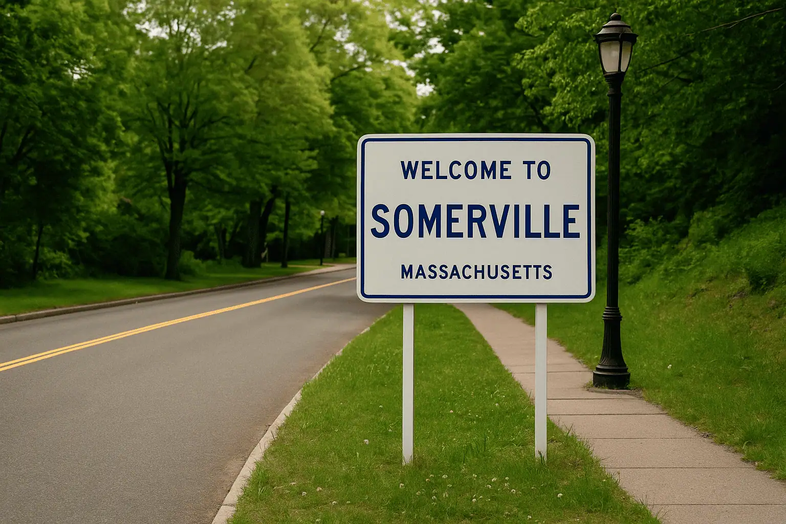 Welcome to Somerville, Massachusetts sign with a road, sidewalk, and lamp post surrounded by trees