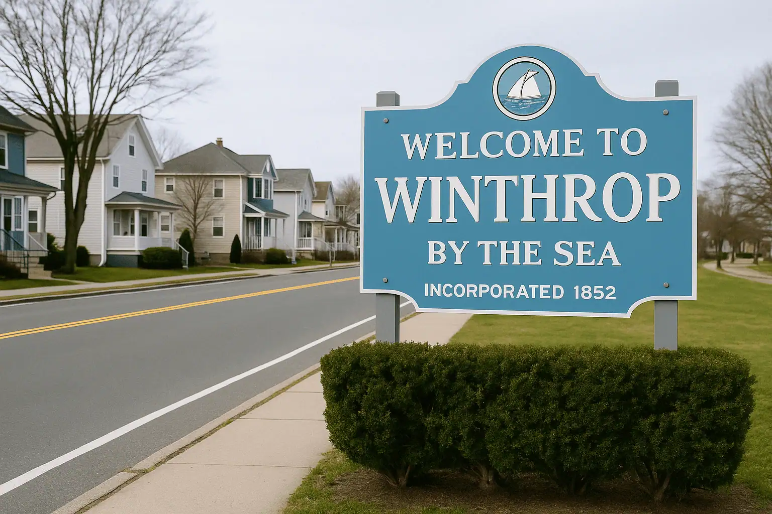 Welcome to Winthrop, Massachusetts sign near a coastal roadway with greenery and ocean atmosphere